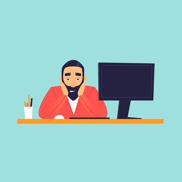 Sad man sitting near computer, office life.  Flat design vector illustration.