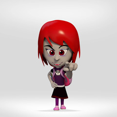  halloween, girl student costumed vampire pointing poster. 3d cartoon illustration
