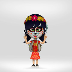  day of the dead, student girl dressed as a Mexican skull. 3d cartoon illustration