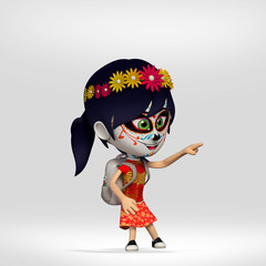  day of the dead, student girl dressed as a Mexican skull. 3d cartoon illustration