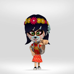  day of the dead, student girl dressed as a Mexican skull. 3d cartoon illustration