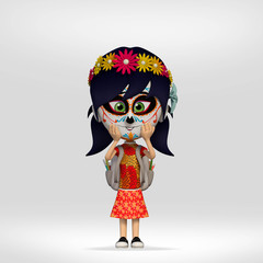  day of the dead, student girl dressed as a Mexican skull. 3d cartoon illustration