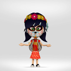  day of the dead, student girl dressed as a Mexican skull. 3d cartoon illustration
