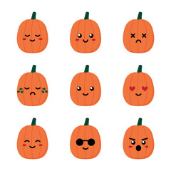 Set, collection of cute cartoon style pimpkin emoji, facial expressions for autumn and Halloween design.