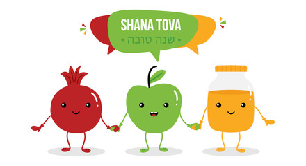 Shana Tova vector greeting card with cute cartoon characters jar of honey, pomegranate and apple for Rosh Hashanah, jewish new year, traditional holiday.