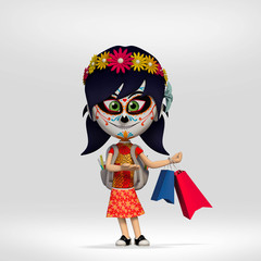  dia de los muertos, student girl dressed in Mexican skull making shopping. 3d cartoon illustration