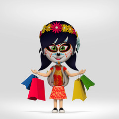  dia de los muertos, student girl dressed in Mexican skull making shopping. 3d cartoon illustration