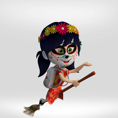  day of the dead, student girl dressed as a Mexican skull. 3d cartoon illustration