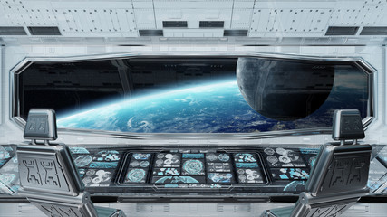 White clean spaceship interior with view on planet Earth 3D rendering © sdecoret