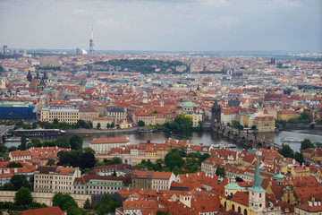 landscape view to Charles bridge on Vltava river in Prague Czech republic