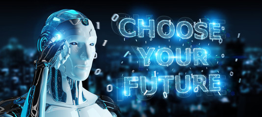 White cyborg using future decision text interface 3D rendering