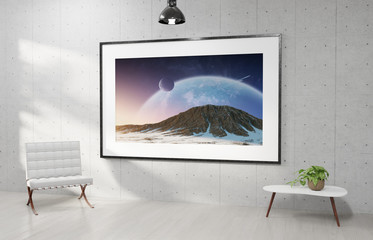Large horizontal frame hanging on a white concrete wall 3D rendering
