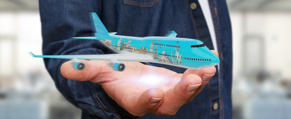 Businessman with plane and famous landmarks of the world 3D rendering