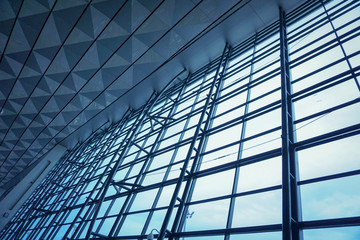 The steel structure of the glass wall in airport.