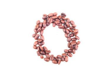 The alphabet O from roasted coffee beans. Isolated. White background.