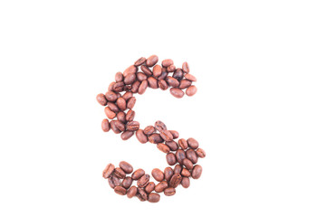 The alphabet S from roasted coffee beans. Isolated. White background.