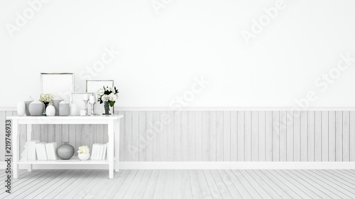 White Empty Room On White Wood Floor And Decoration Set On