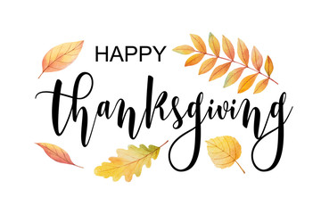 Happy thanksgiving text with watercolor autumn leaves and branches isolated on white background.