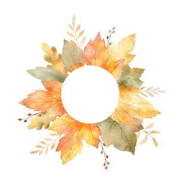 Watercolor autumn vector hand painting card with leaves and branches isolated on white background.