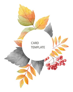 Watercolor autumn vector card template design of leaves and branches isolated on white background.