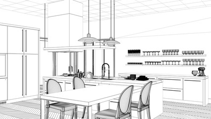 Interior design project, black and white ink sketch, architecture blueprint showing modern kitchen with island and chairs