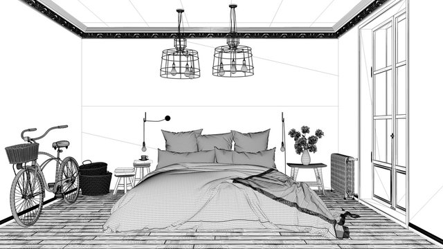 Interior design project, black and white ink sketch, architecture blueprint showing scandinavian bedroom with double bed