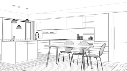 Interior design project, black and white ink sketch, architecture blueprint showing contemporary kitchen with dining table