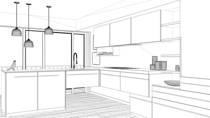 Interior design project, black and white ink sketch, architecture blueprint showing contemporary kitchen