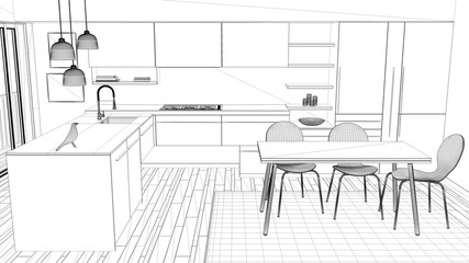 Interior design project, black and white ink sketch, architecture blueprint showing contemporary kitchen with dining table