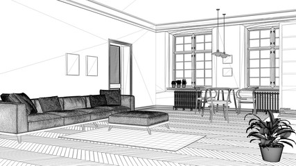 Interior design project, black and white ink sketch, architecture blueprint showing modern living room with dining table