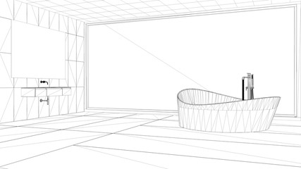 Interior design project, black and white ink sketch, architecture blueprint showing modern bathroom with big window and bathtub