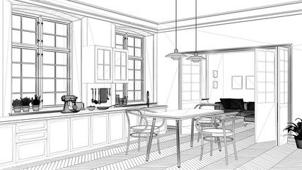 Interior design project, black and white ink sketch, architecture blueprint showing contemporary kitchen with dining table