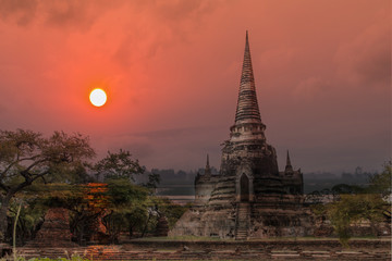 Fototapeta premium Double exposure sculpture Landscape of Ancient old pagoda is Famous Landmark old History Buddhist temple,Beautiful Wat Chai Watthanaram temple in ayutthaya Thailand