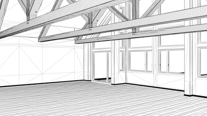 Interior design project, black and white ink sketch, architecture blueprint showing empty modern room with wooden roof