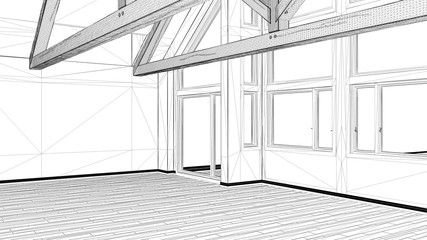 Interior design project, black and white ink sketch, architecture blueprint showing empty modern room with wooden roof