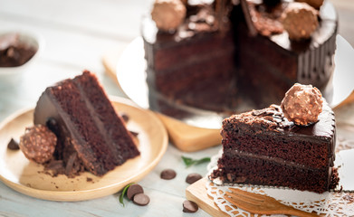 close up shot a piece of homemade chocolate ganache cake 