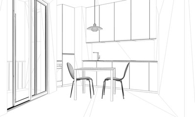 Interior design project, black and white ink sketch, architecture blueprint showing contemporary kitchen with dining table