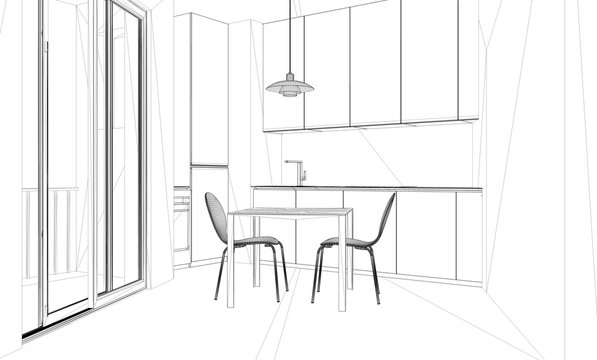 Interior design project, black and white ink sketch, architecture blueprint showing contemporary kitchen with dining table