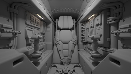 Science fiction pilot's seat in the cockpit. Futuristic spaceship cockpit. Pilot seat with safety belts. Sci-fi space fighter craft cockpit. Mech Pilot's seat. 3d Clay rendering. Monochrome.