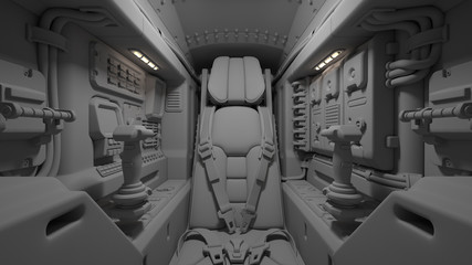 Science fiction pilot's seat in the cockpit. Futuristic spaceship cockpit. Pilot seat with safety belts. Sci-fi space fighter craft cockpit. Mech Pilot's seat. 3d Clay rendering. Monochrome. © roman3d