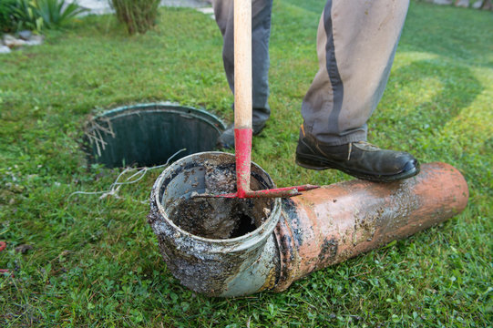 Cleaning and unblocking septic system and draining pipes.
