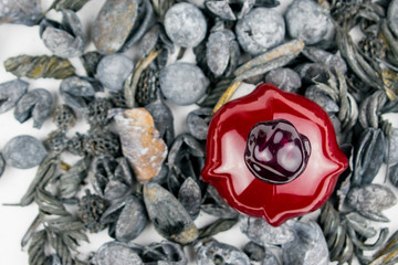 Dried Indian plants and burgundy vial.
