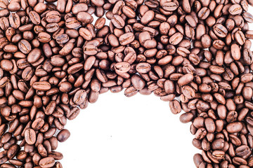 half circle corner frame of roasted coffee beans isolated on white use as background or texture with your favorite text