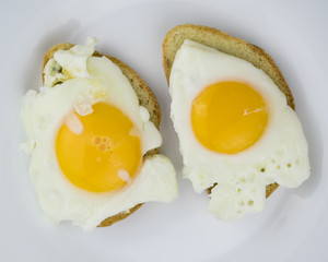 Two sandwiches with egg on a white plate.