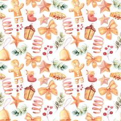 New Year seamless patterns, painted in hand-made water-colors, New Year's attributes and toys, New Year's atmosphere of fun, suitable for printing, truly seamless, of high quality, drawn in a realisti