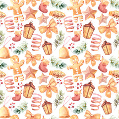 New Year seamless patterns, painted in hand-made water-colors, New Year's attributes and toys, New Year's atmosphere of fun, suitable for printing, truly seamless, of high quality, drawn in a realisti