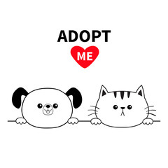 Adopt me Dog Cat head face . Hands paw holding line. Pet adoption. Help homeless animal Funny baby set. Cute cartoon puppy kitten character. Flat design. White background