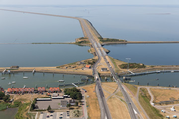 Aerial view Dutch sluices of Kornwerderzand, separation between the fresh water lake IJsselmeer and the salt Wadden Sea