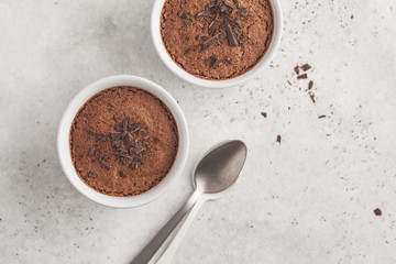 Chocolate mousse from aquafaba, top view. Vegan chickpea dessert.