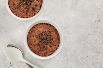 Chocolate mousse from aquafaba, top view. Vegan chickpea dessert.